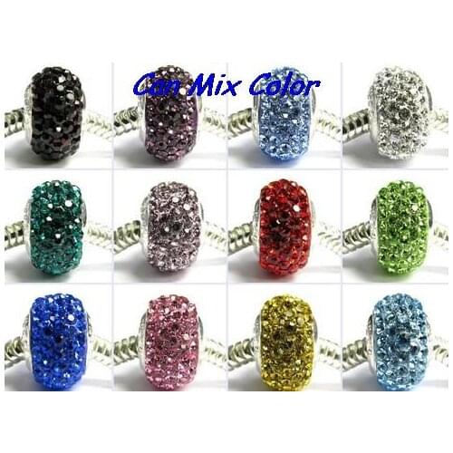 Jrt43lor Mixed 14mm x10mm Silver Plated Core Big Hole European Beads Resin Charm Bracelets Rhinestone crystal