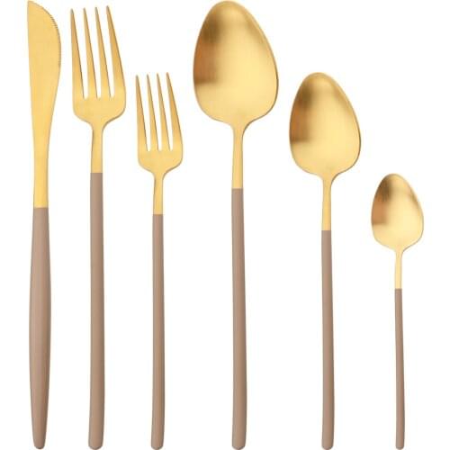 6Pcs Knife Dessert Fork Tea Spoon Tableware Gold Dinnerware Set 304 Stainless Steel Cutlery Set Home Kitchen Flatware Silverware