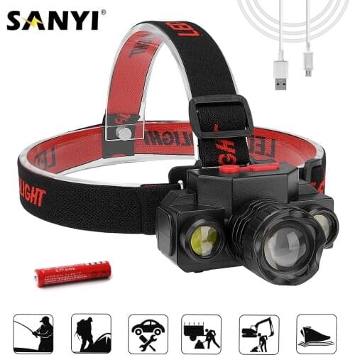 USB Charging Headlight XPE+2*COB LED Zoomable Headlamp 18650 Head Lamp Flashlight Torch Life Waterproof Night Fishing Head Light
