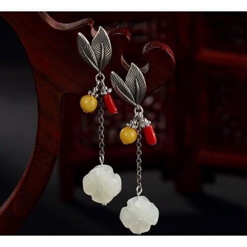 Brinco Limited Sale 2018 S925 Pure Inlay Hetian Jade Restoring Ancient Ways Leaf Clovers Female Long Drop Earrings Wholesale