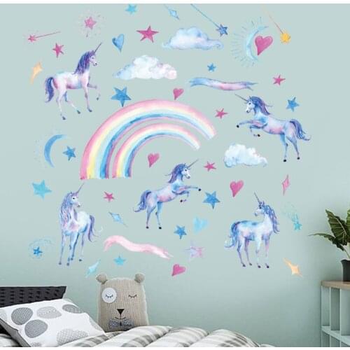 Blue Unicorn Rainbow Stars Wallpaper Kids Bedroom Decorative Decals Happy Day Childrens Living Room Wall Murals