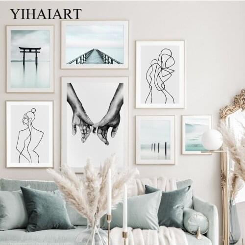 Nordic Abstract Line Drawing Poster Bridge Lake Landscape Canvas Wall Art Print Painting Minimalist Picture Modern Home Decor