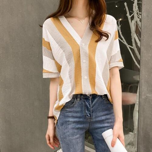 Tops Women Blouses Summer Casual Striped V Neck Loose Half Sleeve Polyester Blouse блузка женская ropa de mujer 2020