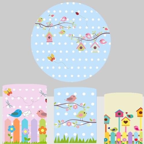 Spring Birds Backdrop Girl Birthday Party Decoration Round Circle cylinder column covers Fabric Photocall Baby Shower YY- 765