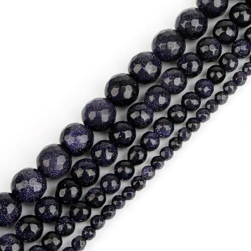 Pick Size 4 6 8 10MM Natural Round Faceted Dark Blue Sand Stone Round Ball Loose Beads For Jewelry Making DIY Craft Strand 15