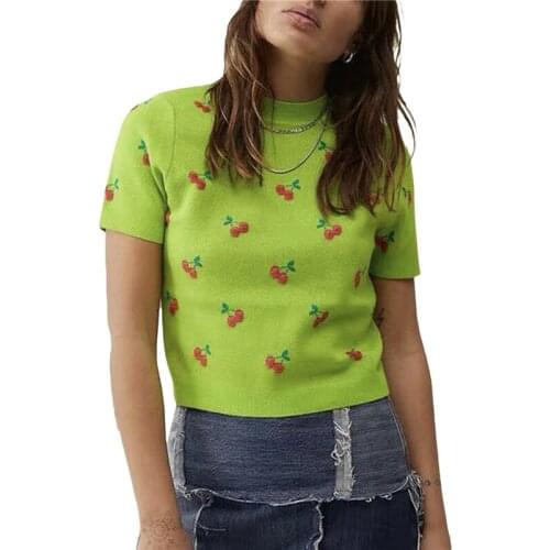 Women’s Casual Cherry Print Short Sleeve Knitted T-shirt Fashion Y2k Loose Tee Tops Summer Harajuku Pullover Tops Streetwear