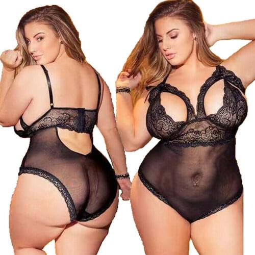 Women Sexy Sleepwear Bodysuits Bandage Hollow Lace Babydolls Ladies Underwear See Through Nightwear Plus Size