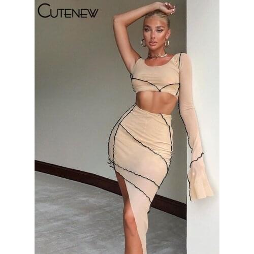 Cutenew Asymmetrical Geometric Two Piece Sets Women 2021 Fashion O-Neck Full Sleeve Casual Outfits Crop Tops+Skirt Matching Suit