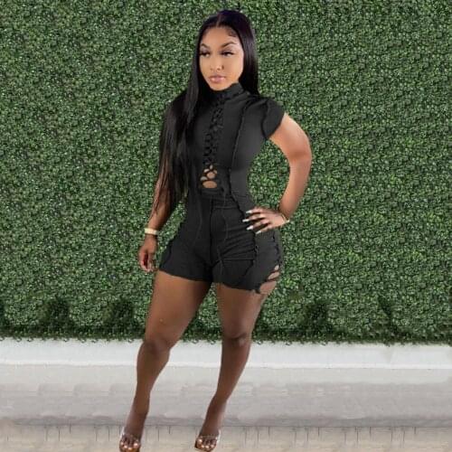 JRRY Casual Women Jumpsuit Turtleneck Short Sleeve Holes Strings Short Pants Romper High Elasticity Solid Pattern Bodysuit