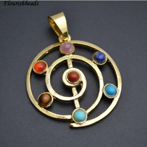 10pc Popular Mix Small Stone Cabochons Chakra Paved Metal Round Charm Pendants Fashion Energy Jewelry