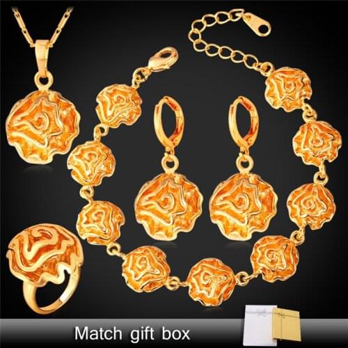 African Costume Jewelry Set For Women Gold Color Wedding Flower Bracelet Earrings Ring Necklace Set PEHR1113
