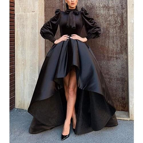 Satin High Low Prom Dresses 2021 Long Sleeve O Neck Formal Evening Dress Ball Gown Robe De Soiree