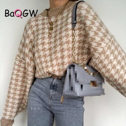 BaQGW Women Geometric Khaki Knitted Sweater Women Casual Houndstooth Lady Pullover Sweater Female Autumn Winter Retro Jumper