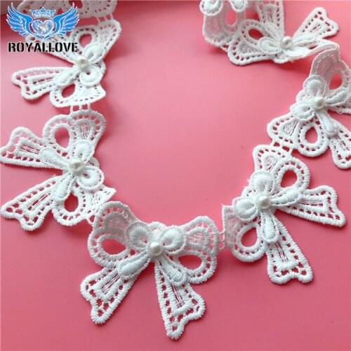 Off White Micro Fiber Floral Lace Bow Trim Ribbon Fabric Embroidered Pearl Applique Sewing Craft Crochet Wedding Dress 20 yards
