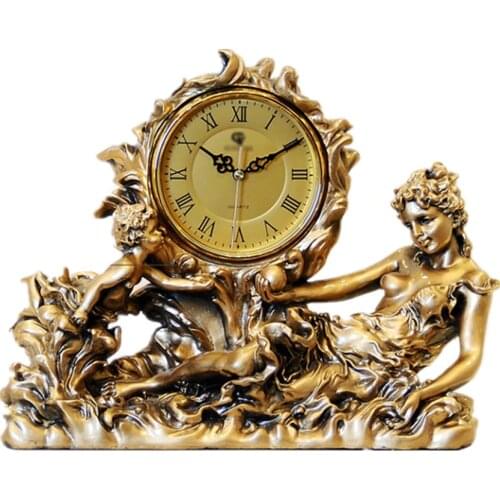 European Fashion Home Decor Golden Antique Watch Resin Table Clock Goddess & Angels Figurine Quartz Mute Geometric 6" Dial Plate
