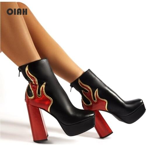 Spring Autumn Ankle Boots Women Platform Boots Rubber Sole Ablaze Black Flame Leather PU High Heels Shoes Woman Comfortable