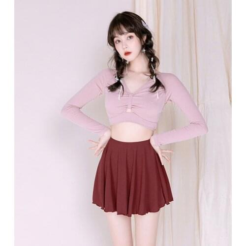 Fuduovang swimsuits New fashion sunscreen long sleeve split two piece slim skirt swimsuits
