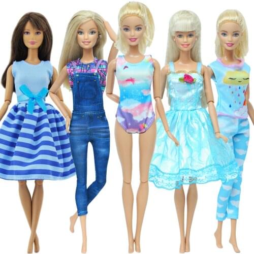 5 Set/Lot Doll Outfits Cute Pattern Dress Bikini Tops Trousers Blue Party Casual Wear Clothes for Barbie Doll Accessories Toys