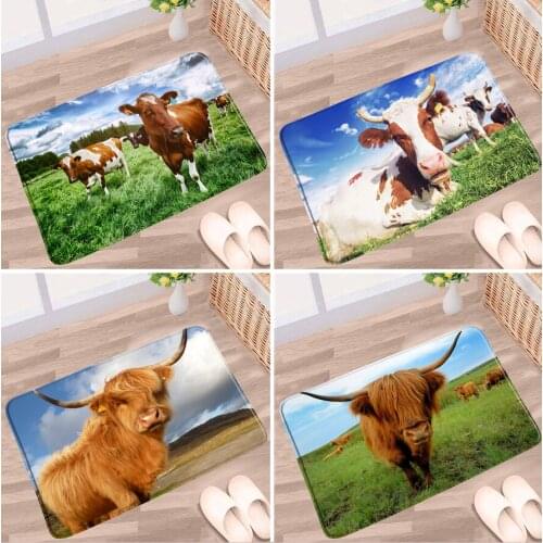 Yak Doormat Highland Cattle Bathroom Mat Dairy Cow Grassland Farm Animals Green Grass Non-slip Rugs Bath Kitchen Doorway Carpets