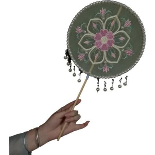 Circular Fan Antique Embroidery Han Chinese Clothing Fan Long Handle Fairy round Fan Dance Shooting Tang Fan Female