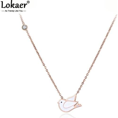 Lokaer Titanium Stainless Steel White Glaze Peace Pigeon Choker Necklace Jewelry Lovely Pendant Chain Necklace For Women N19083