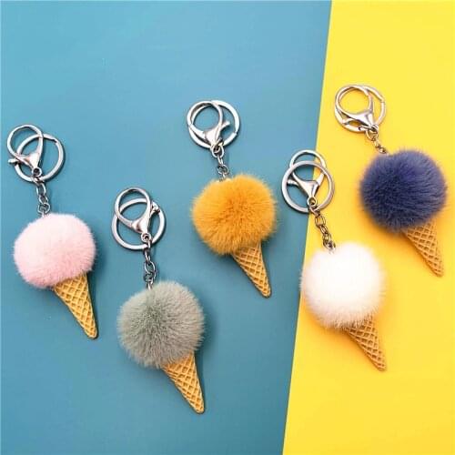 Mini Ice Cream Fluffy Keychain Women Girl Cute Pom Pom Mink Fur Key Chain Cute Bag Charms Trinket Car Key Ring Jewelry Bulk