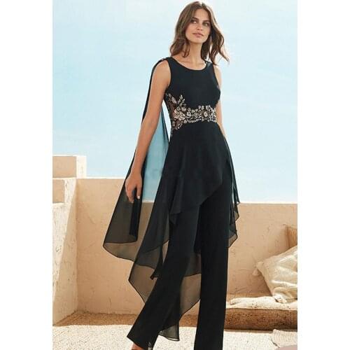 Fashion Black Backless Mother Of The Bride Pant Suits Appliques Wedding Guest Dress Plus Size Chiffon Mothers Groom Dresses