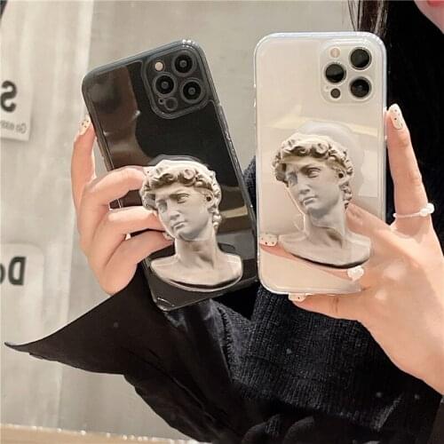 Fashion Cute 3D David Art Bracket Phone Case For iPhone XR 12 Pro MAX 11 XS X SE20 8 7 Plus Grip Stand Holder Cover Clear Fundas