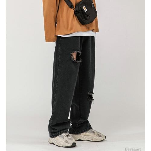 Men 2021 Vintage Jeans Straight Pants Mens Solid Hole Hip Hop Streetwear Denim Pants Male Fashion Jeans Joggers 5XL