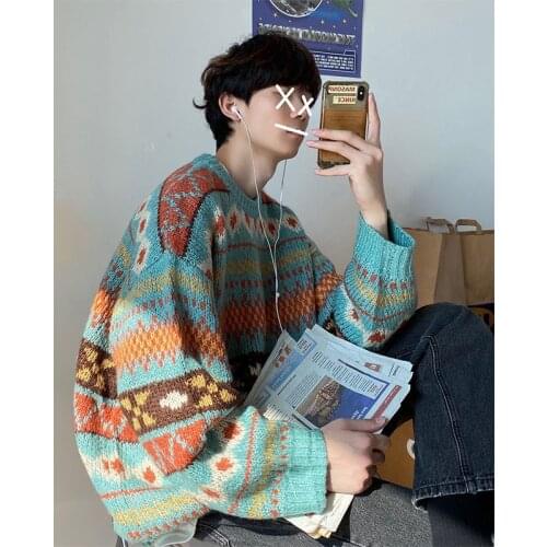 Mens sweater Hong Kong-style thick Embroidered Striped Knitwear loose handsome student autumn-winter retro pullover coat