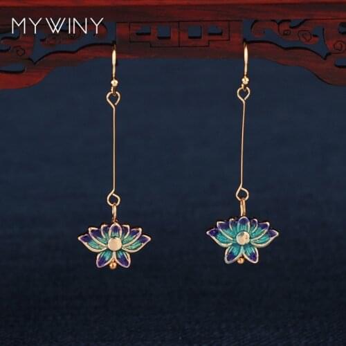 MYWINY New fashion jewelry Cloisonne Lotus flowers earrings women, Chinese wind enamel long hook earrings red