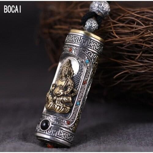 BOCAI New Real 100% S925 silver jewelry retro six-character mantra Man and Woman pendants yellow god wealth Gawu box set chain