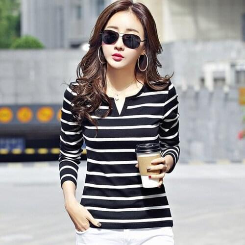 Autumn and winter clothes cotton T-shirt Korean womens V-neck striped long-sleeved Tops & Tees