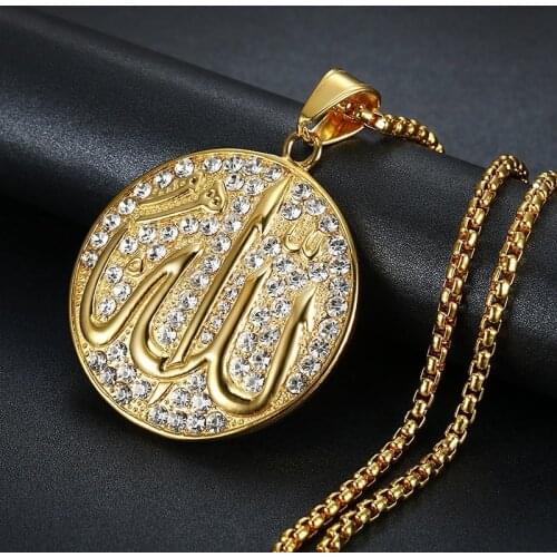 Hip Hop Iced Out Rhinestone Stainless Steel Gold Color Muslim Allah Pendant Necklace For Women/Men Islamic Jewelry