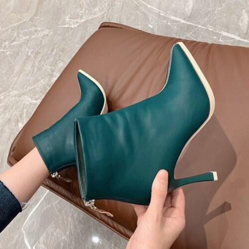 2021 Fashion INS Short Boots Woman High Heeled Ankle Boot Women Autumn Shoes Pointed toe Female Footware Back Zipper Black Green