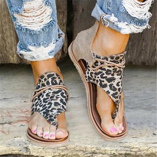Rimocy Women Leopard Print Summer Sandals Plus Size Cross Strap Flat with Shoes Woman Casual Zipper Gladiator Sandalias Mujer