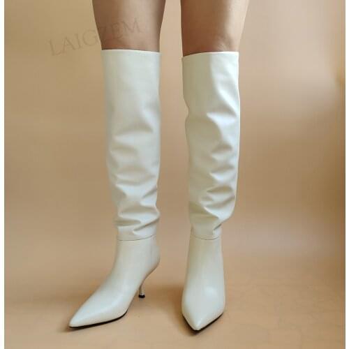 BERZIMER Women Knee High Boots Pleated Leather + Synthetic Mid Heels Boots Beige Black Spring Elastic Shoes WomanSize 37 38 40