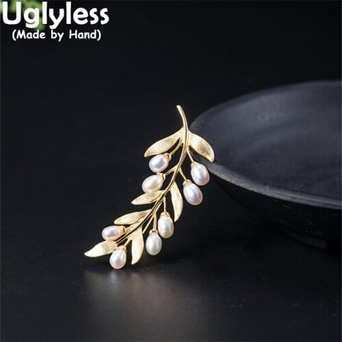 Uglyless Elegant Men Natural Pearls Olive Brooches Gentlemen Business Dress Jewelry 925 Silver Pearls Pins Women Pearls Bijoux