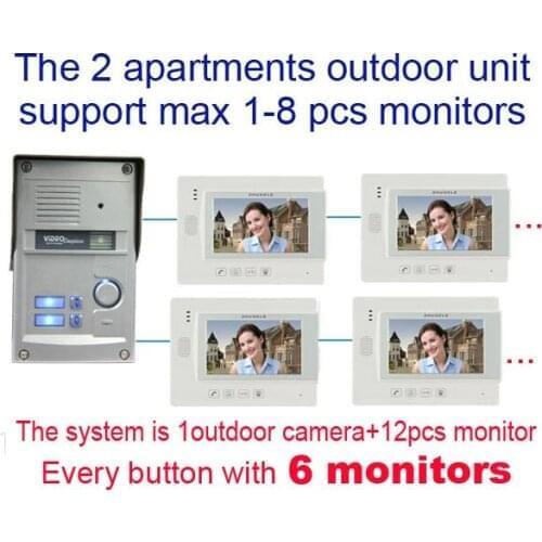ZHUDELE Video Door Phone Door Intercom 7 inch Monitor Night Vision Wired Video Intercom CCD Camera for 2 apartment 12 rooms 1v12