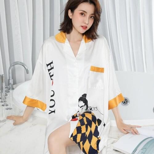 High Quality Sleepwear Sexy Women Satin Lingerie Night Dress Summer Girl Mini Nightgown Loose Large Print Cartoon Sleepingdress