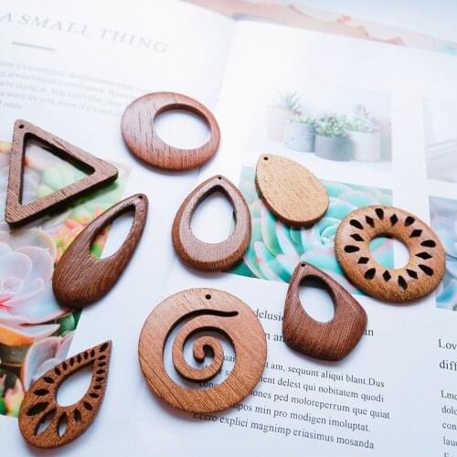 Diy jewelry accessories natural wood geometric texture retro brown drop-shaped circular triangle handmade earrings pendants