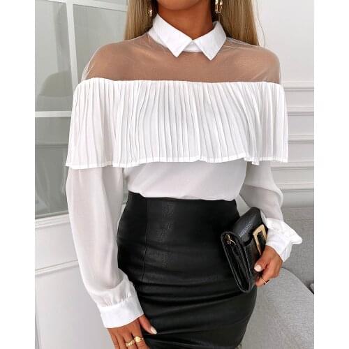 Spring Autumn Womens Ruffles Hem Sheer Mesh Shirt 2021 New Femme Casual Long Sleeve Blouse Office Ladies Elegant Outfits Top