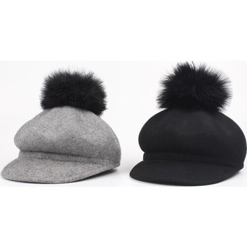 Ju-BJ16MQ winter warm Ostrich pompon solid British style 100% wool cap woman sun octagonal hat wholesale