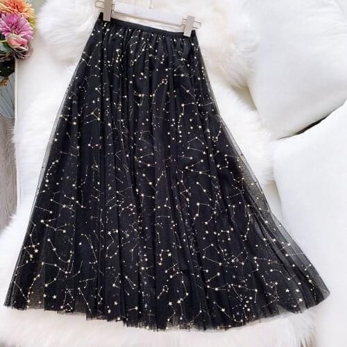 2021 Korea Style Women Casual School Tulle Long Skirt Spring Summer Sparkling Star Swing Sequin Tule Black Blue Pink Skirts Y2K