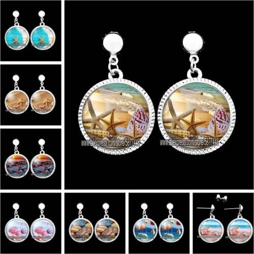 Starfish Summer Women Glass Cabochon Dangle Earring Beautiful Sandy Beach Full of Starfish and Shells Drop Earrings for Girl