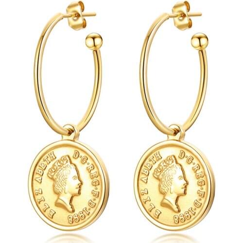 Queen Elizabeth Coin Hoop Earring for Women, Stainless Steel Open Hoops Huggies Dangle Female Lady Earrings