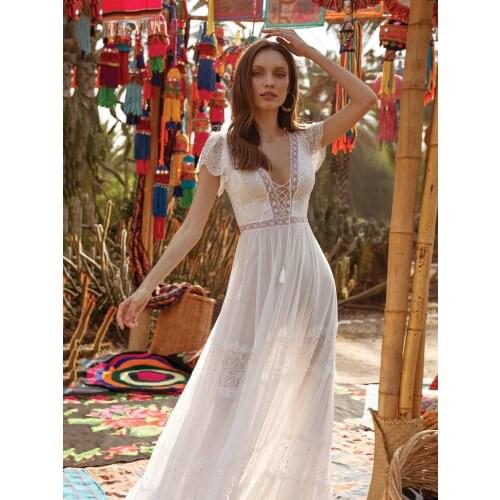 Female Woman Wedding Dresses V Neck Short Sleeve Lace Applique A Line Floor Length Bohemian Backless Bridal Gowns Ladies