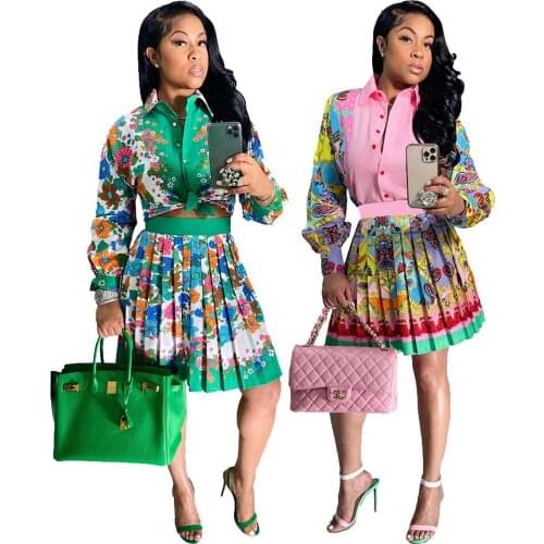 Two Piece Womens Blouse Pleated Skirt Set 2021 Summer New Single Breasted Long Sleeve Sexy Cardigan + Mini Skirt Pink Green