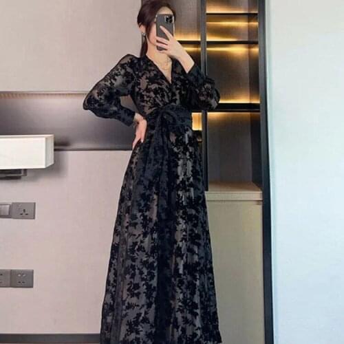 Vintage Floral Print Midi Dress For Women V Neck Long Sleeve Gathered Waist Lace Up Side Split Dresses Female 2021 Clothing