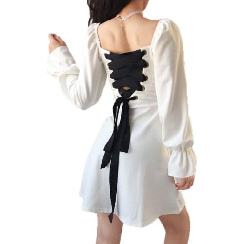 Gothic Dress Vintage Female Harajuku Pleated Autumn 2019 Bandage Backless Ruffle Dresses Long Sleeve Fashion